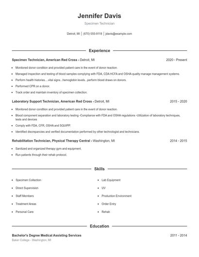 Specimen Technician Resume