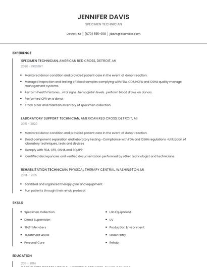Specimen Technician Resume