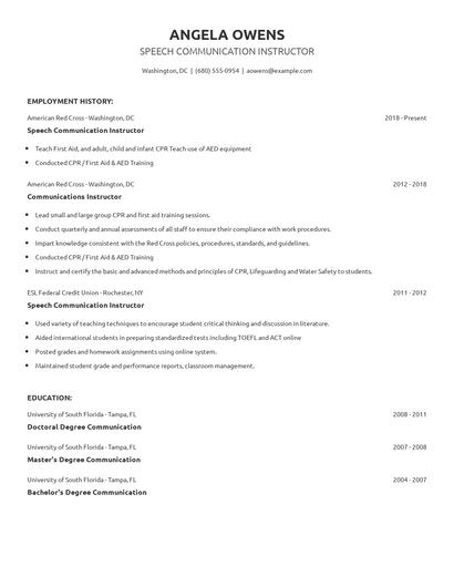 Speech Communication Instructor Resume