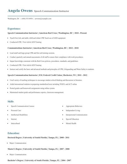 Speech Communication Instructor Resume