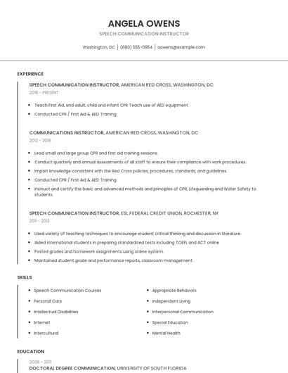 Speech Communication Instructor Resume