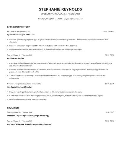 Speech Pathologist Assistant Resume