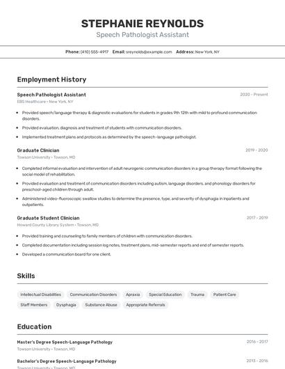 Speech Pathologist Assistant Resume