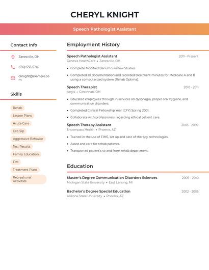 Speech Pathologist Assistant Resume