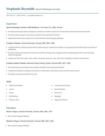 Speech Pathologist Assistant Resume