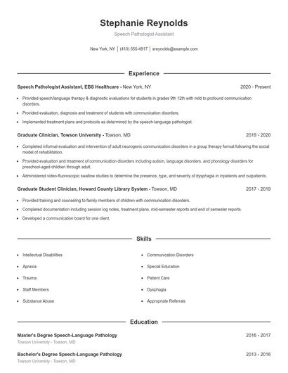 Speech Pathologist Assistant Resume