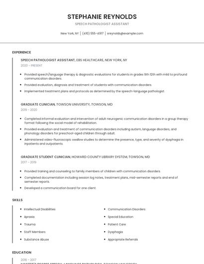 Speech Pathologist Assistant Resume