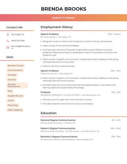 Speech Professor Resume