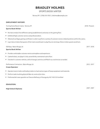 Sports Book Writer Resume