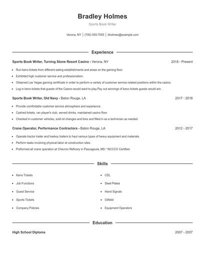 Sports Book Writer Resume
