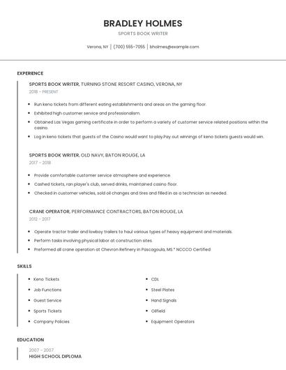 Sports Book Writer Resume
