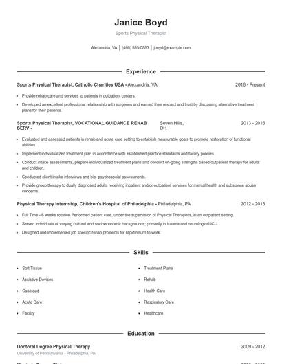 Sports Physical Therapist Resume
