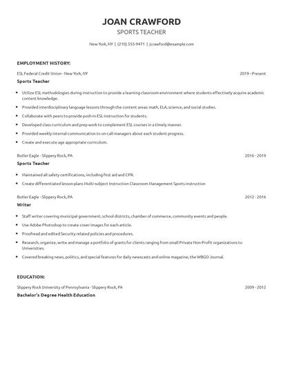 Sports Teacher Resume