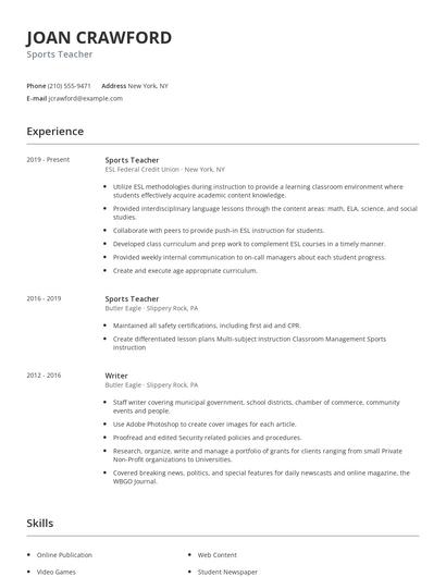 Sports Teacher Resume