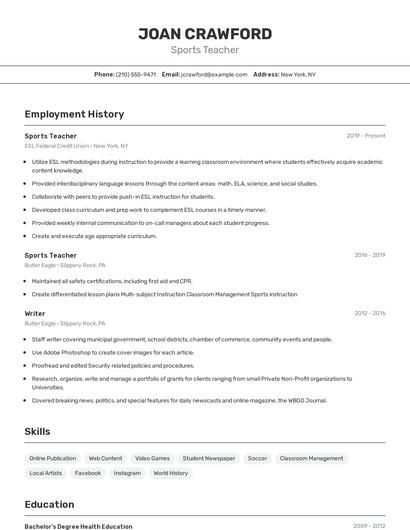 Sports Teacher Resume