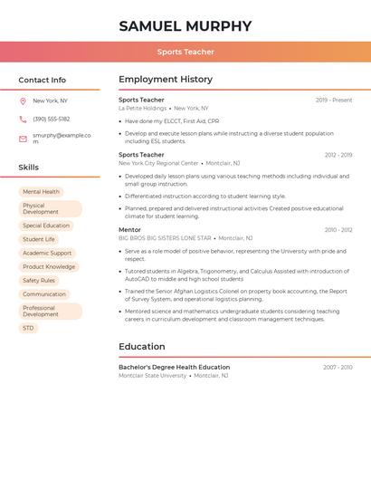 Sports Teacher Resume