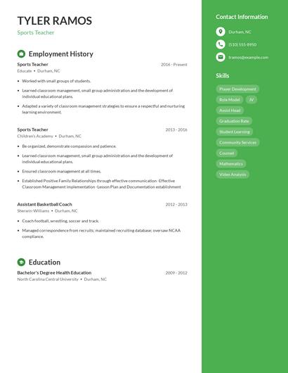 Sports Teacher Resume
