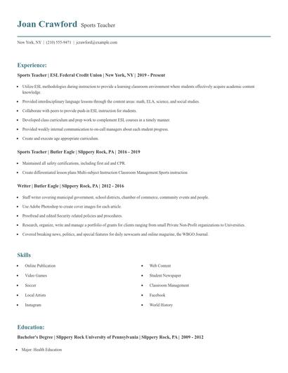 Sports Teacher Resume