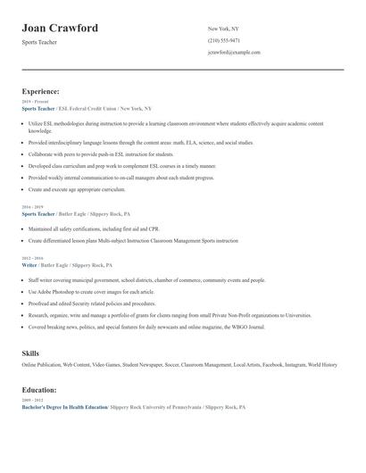 Sports Teacher Resume