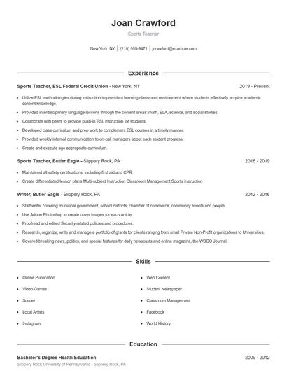 Sports Teacher Resume