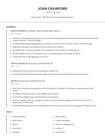 Sports Teacher Resume