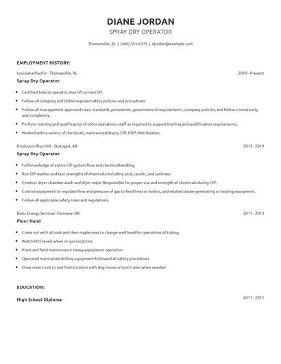 Spray Dry Operator Resume