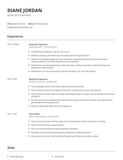 Spray Dry Operator Resume