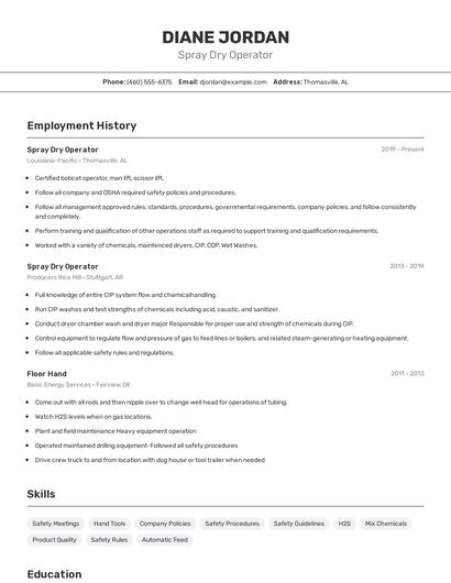 Spray Dry Operator Resume