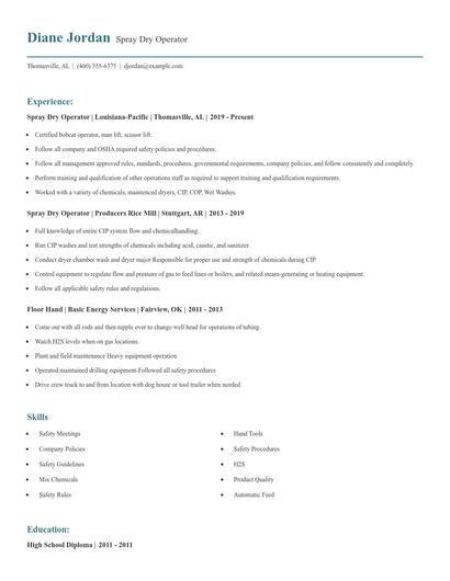 Spray Dry Operator Resume