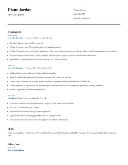 Spray Dry Operator Resume