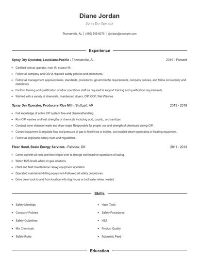 Spray Dry Operator Resume
