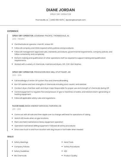 Spray Dry Operator Resume