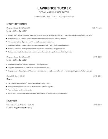 Spray Machine Operator Resume