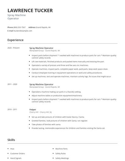 Spray Machine Operator Resume