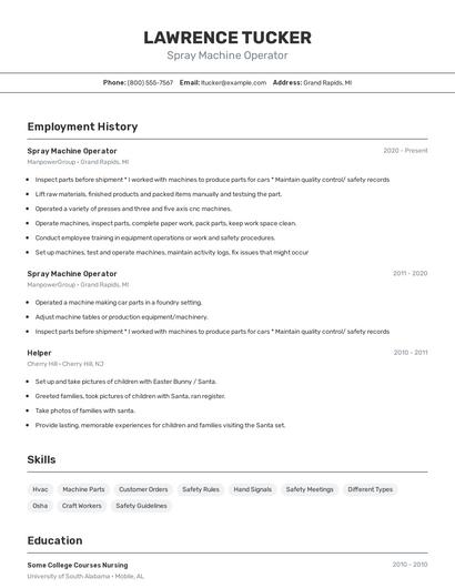 Spray Machine Operator Resume