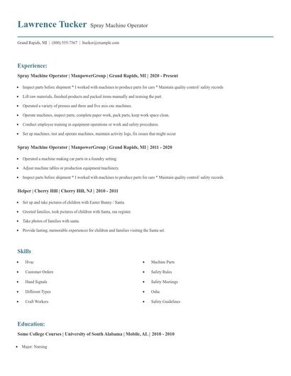 Spray Machine Operator Resume
