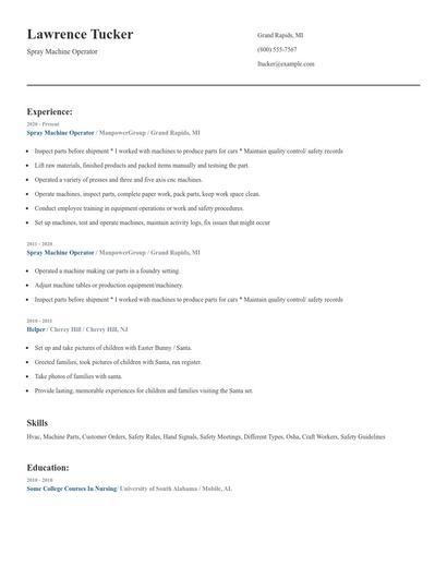 Spray Machine Operator Resume