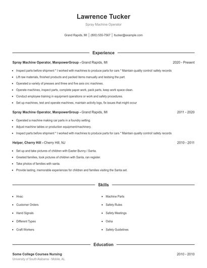 Spray Machine Operator Resume