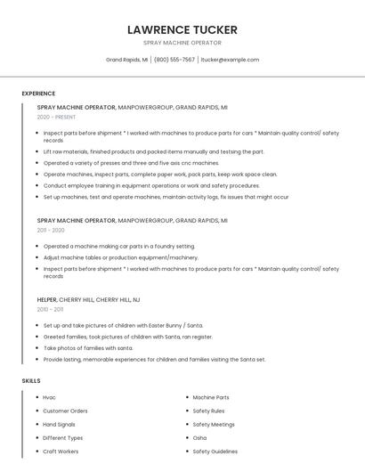 Spray Machine Operator Resume