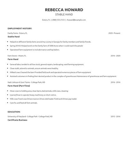 Stable Hand Resume