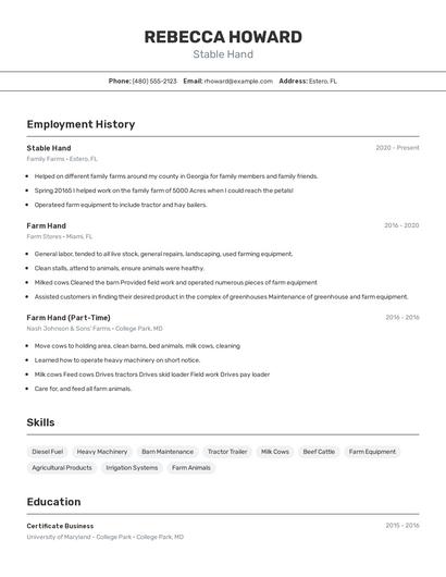 Stable Hand Resume