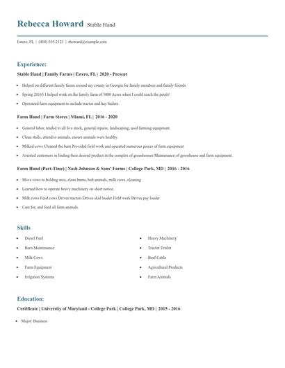 Stable Hand Resume