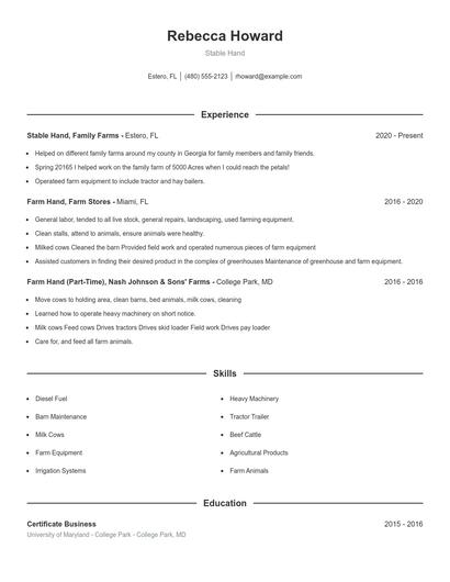 Stable Hand Resume