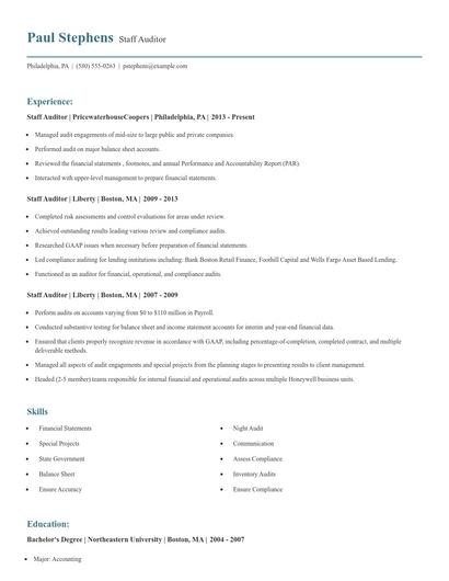 Staff Auditor Resume
