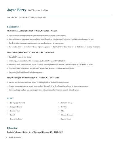 Staff Internal Auditor Resume