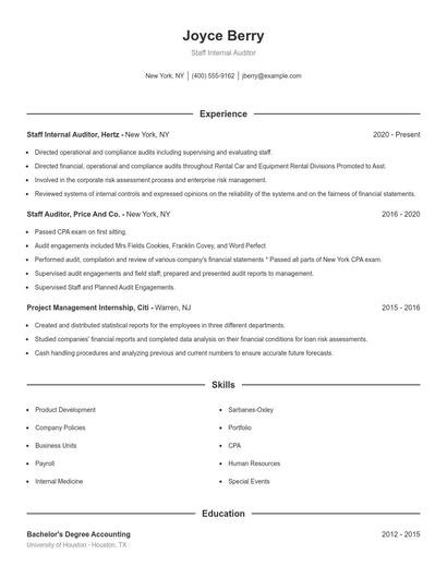Staff Internal Auditor Resume