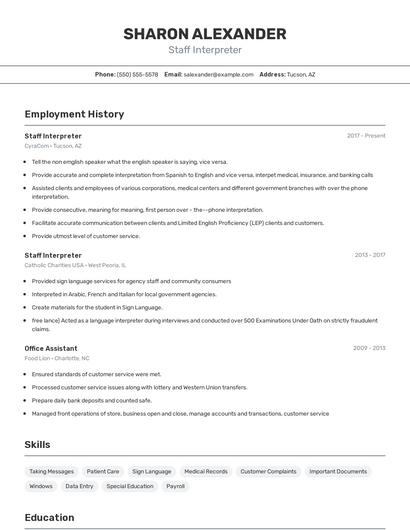 Staff Interpreter Resume