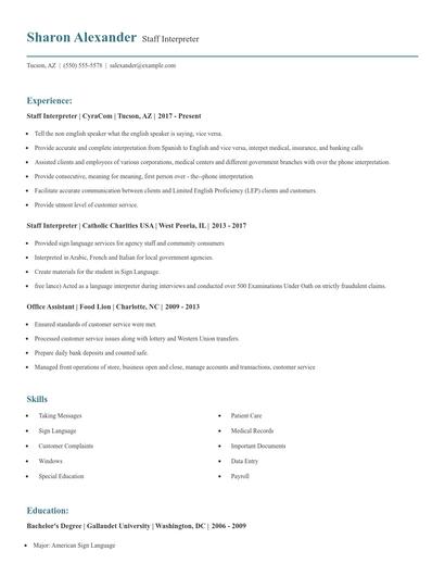 Staff Interpreter Resume