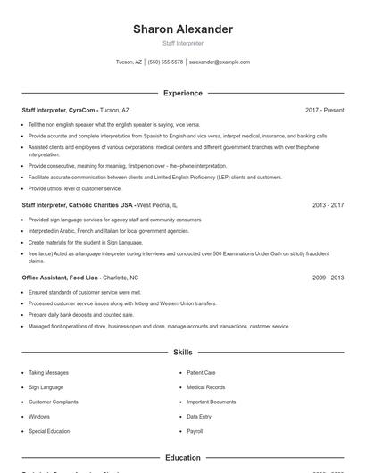 Staff Interpreter Resume
