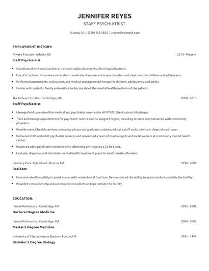 Staff Psychiatrist Resume